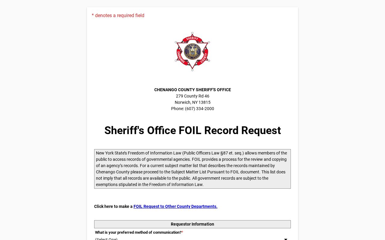 Chenango County arrest records sheriff FOIL instructions