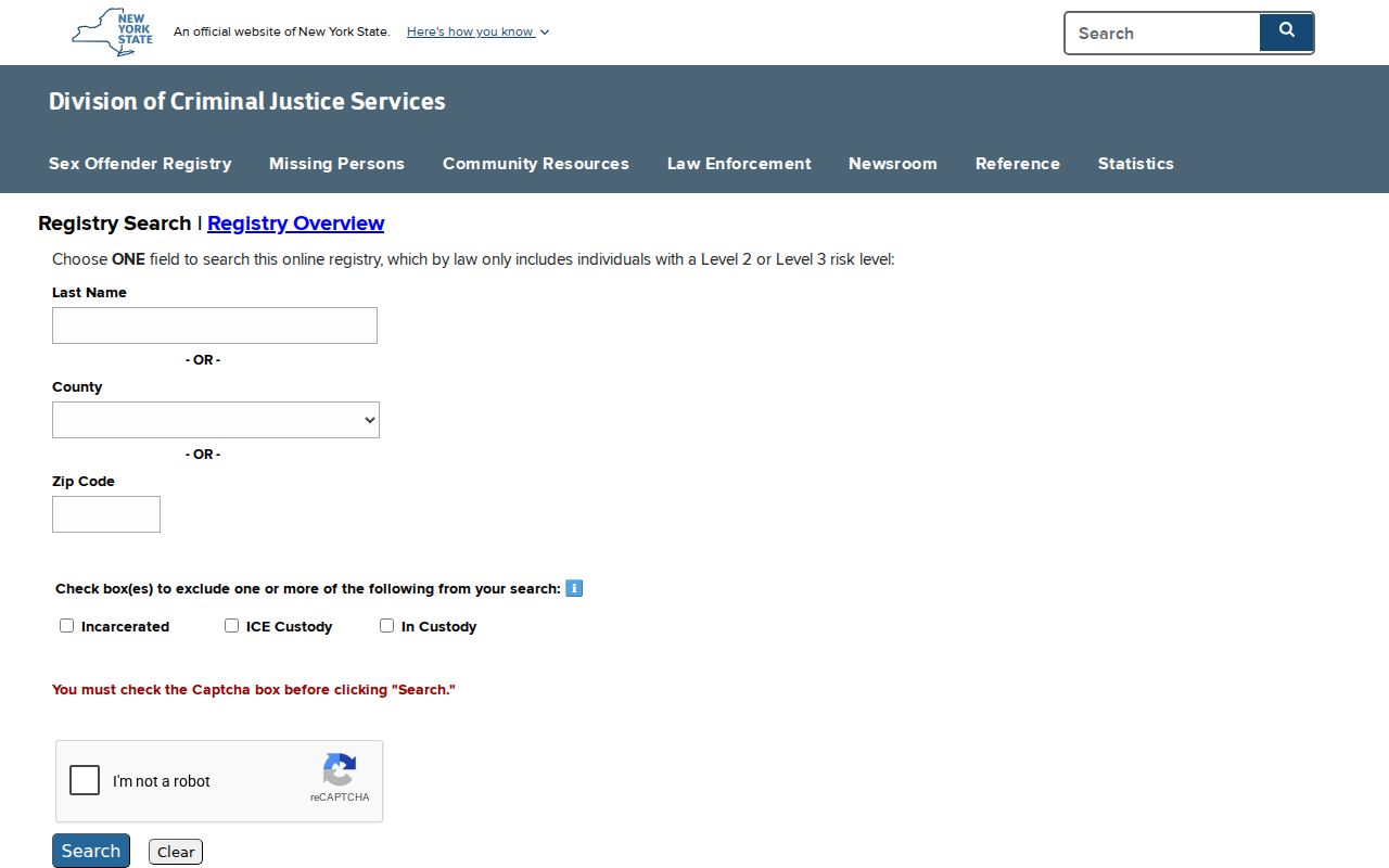 Chenango County sex offender lookup on the New York registry search screen
